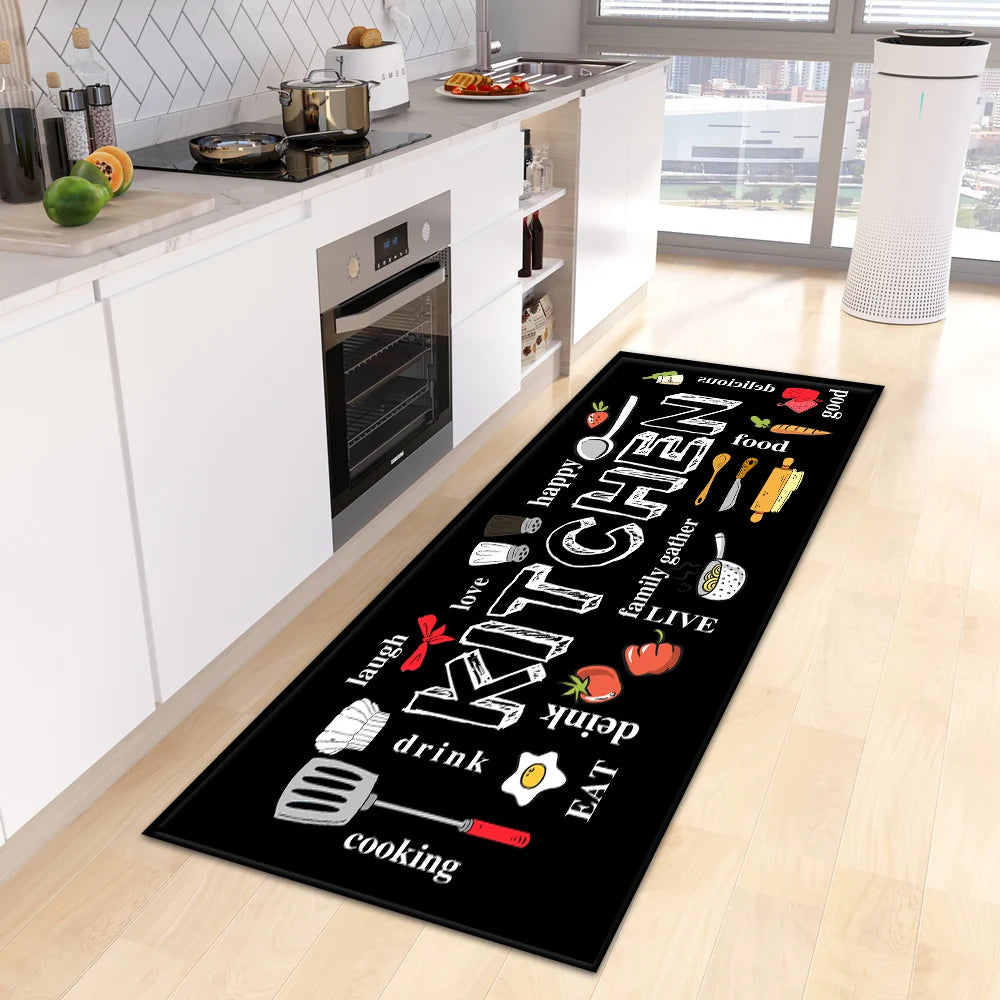 tapis cuisine rectangle motifs aliments moderne fourchettes couteaux cuillères fruits légumes