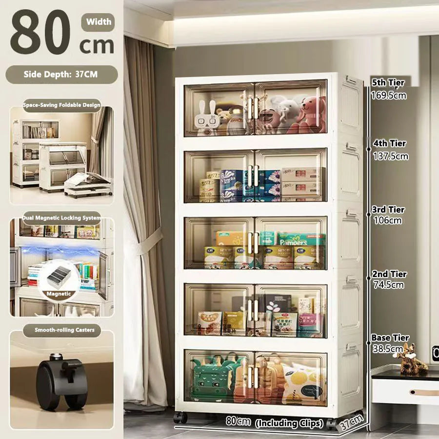 meuble rangement modulable blanc roulettes portes transparentes rayures verticales modernes