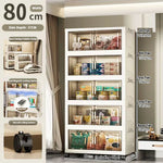 meuble rangement modulable blanc roulettes portes transparentes rayures verticales modernes
