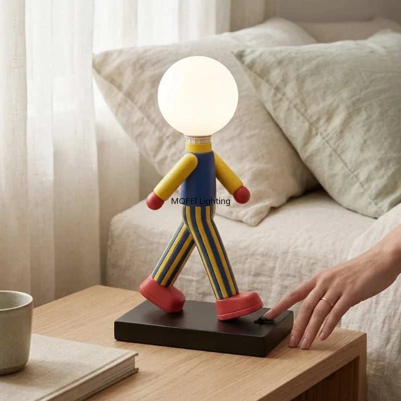 lampe table moderne rayures horizontales bleu jaune rouge base noire lumière blanche 6000k 3000k