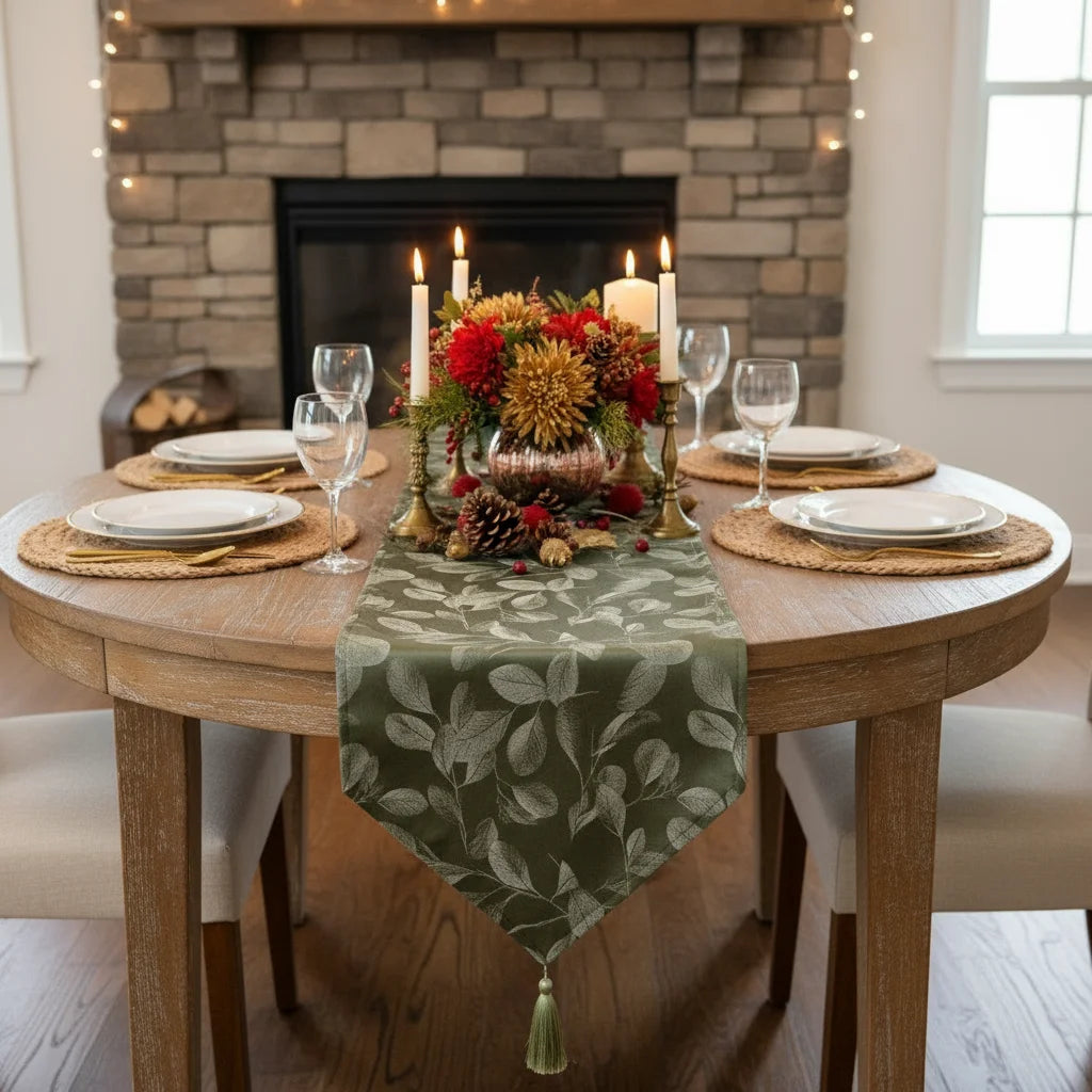 tableau chemin table vert olive feuilles blanches satiné tassels cuisine automne hiver printemps été
