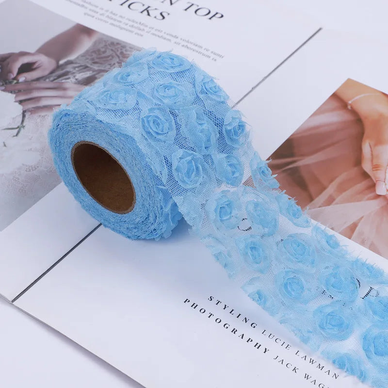 ruban polyester fleur rose bleu vert motif floral opacité décoratif fixation bricolage artisanat