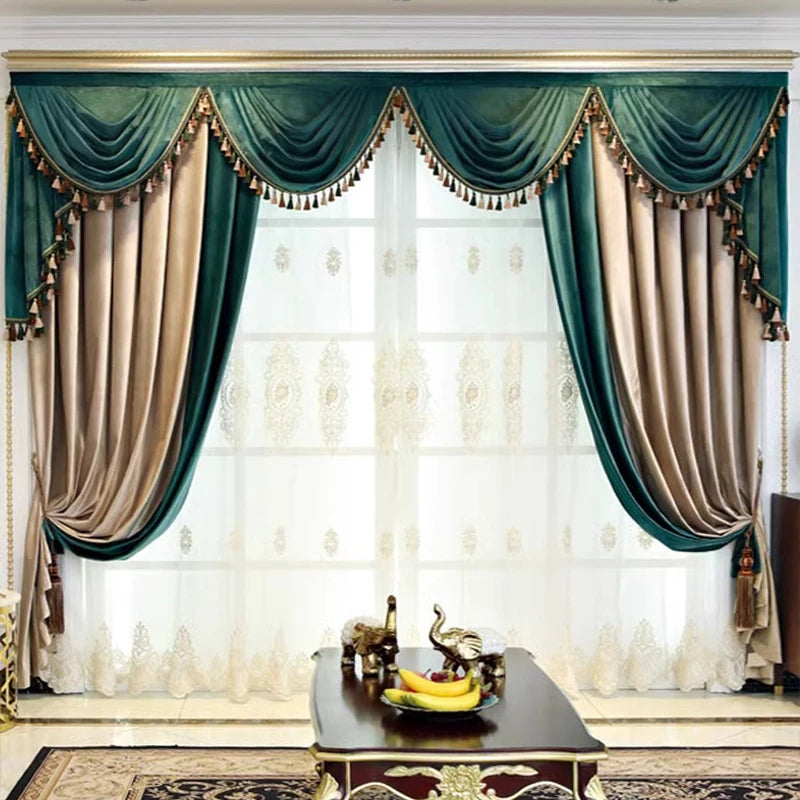 rideaux décoratifs opaques voilage transparent luxueux tissu velours franges décoratives couleur teal beige blanc