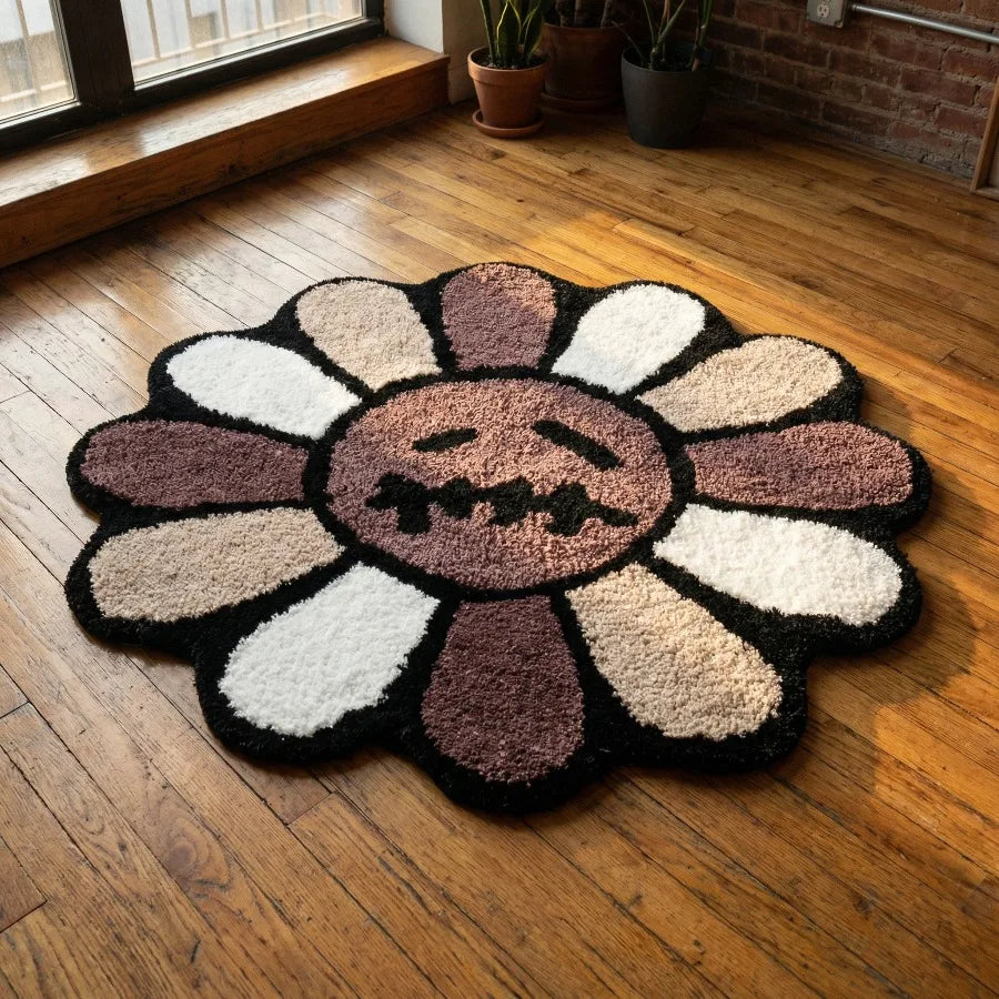 tapis marron moderne fleurs visages tapis antidérapant chambre salon polyestère fluffy