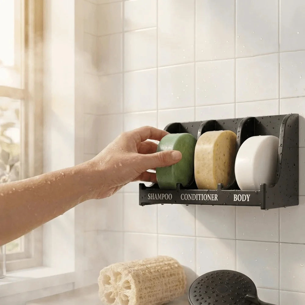 support savon mural adhésif compartiments moderne gris blanc noir