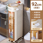 rangement salle bain moderne étages adhésif compartiments transparent beiges gris produits toilette papier serviettes