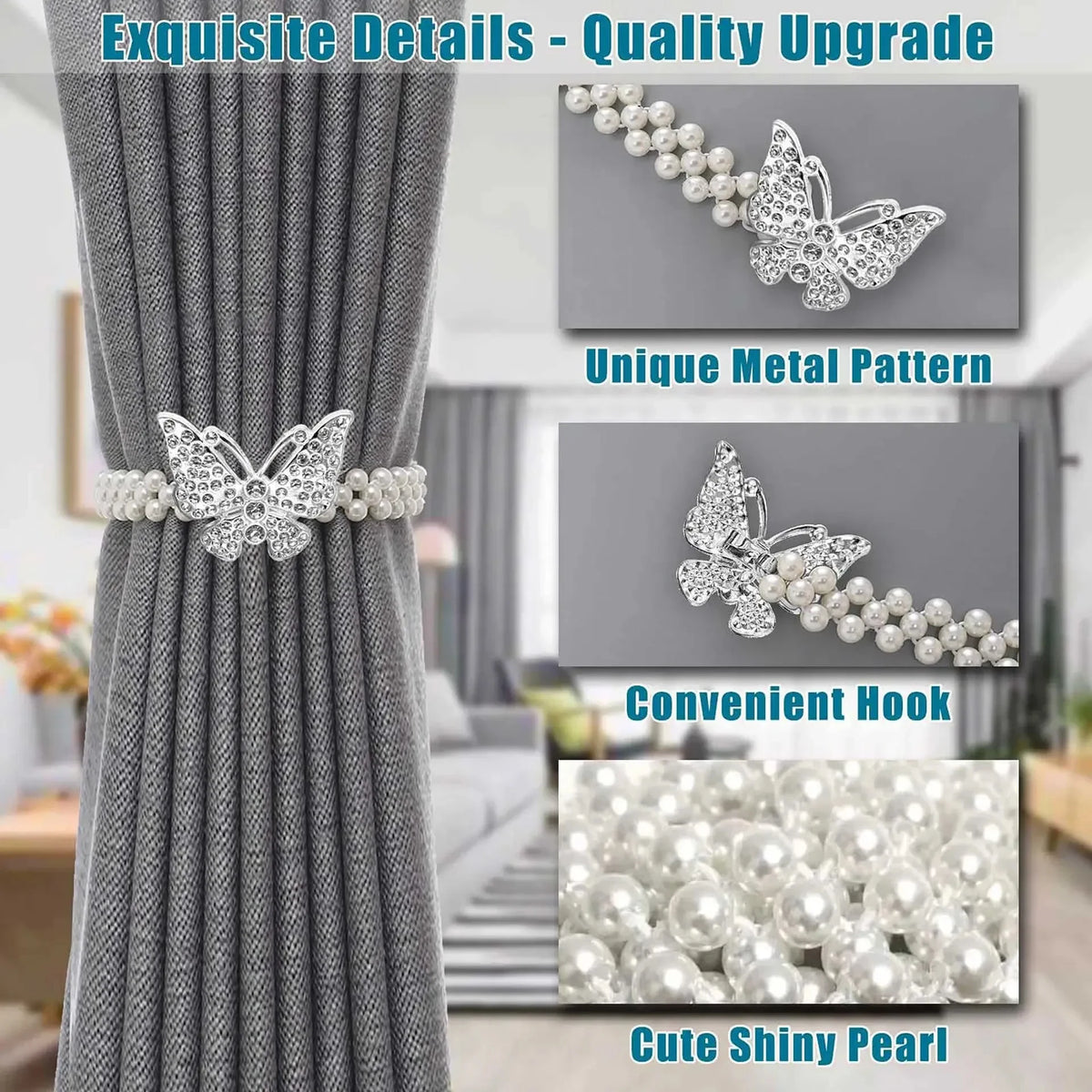 boucle rideau gris rose bleu doré papillon strassé blanches élégante décorative clip fixe