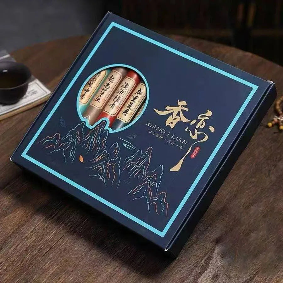 coffret encens bâtons bois beige motifs chinois paysages traditionnels salon aromathérapie cadeau doré illustrations