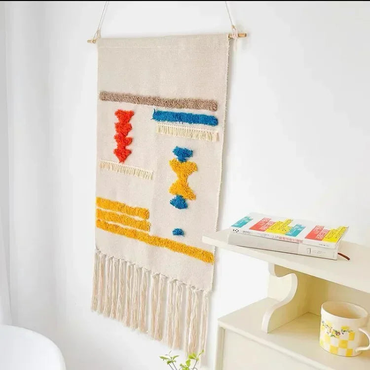 tapis suspendus géométrique franges moderne beige rose bleu vert noir gris