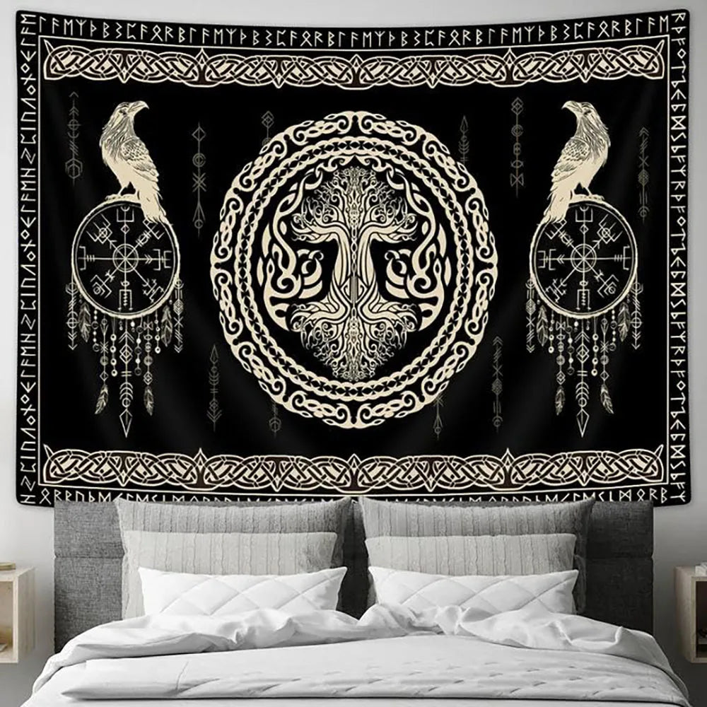 tapisserie art celtique motifs géométriques noirs blancs arbre vie runes oiseaux nordique salon