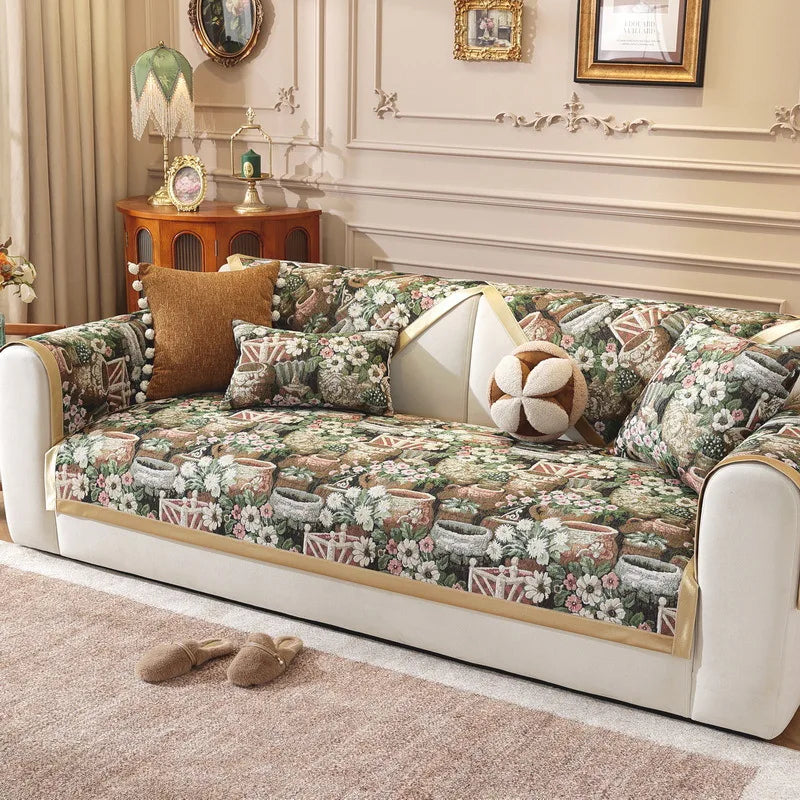 housse canapé tissu jacquard motif floral fleurs beige coussin siège antidérapant traditionnel