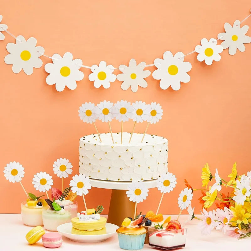 guirlande fleurs marguerite blanche jaune festive décoration anniversaire ruban opaques six mètres