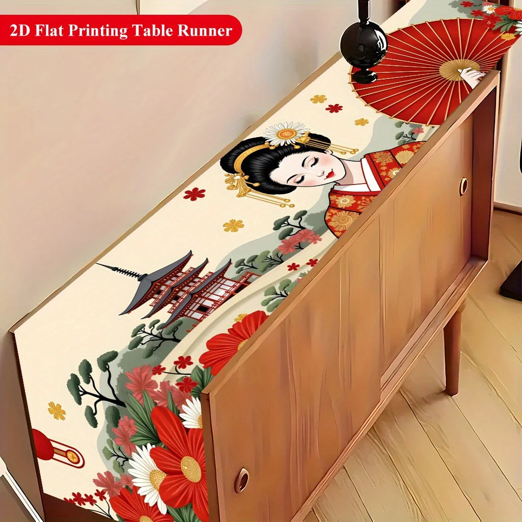 table runner japonais traditionnel motif kimono fleurs table couverts assiettes verres bougies printemps été