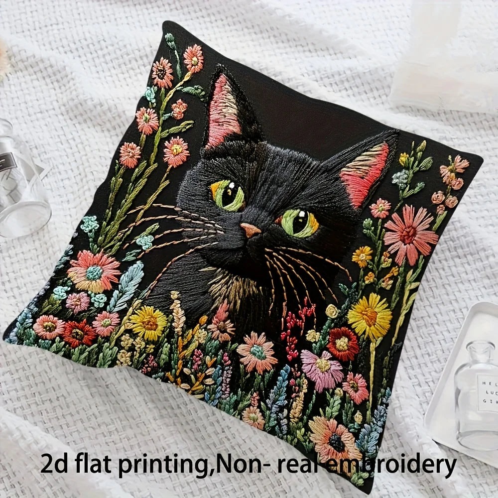 housse coussin carré chat noir fleurs colorées imprimé 2d polyester zip closure 45x45cm chambre