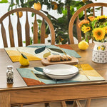 tapis table moderne feuilles stylisées géométrique beige vert bleu orange jaune facile entretien résistant