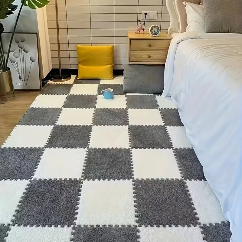 tapis modulable carreaux géométriques gris blanc doux moelleux moderne clips 30cm 30cm
