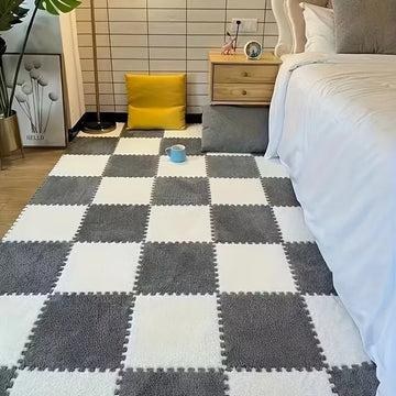 tapis modulable carreaux géométriques gris blanc doux moelleux moderne clips 30cm 30cm