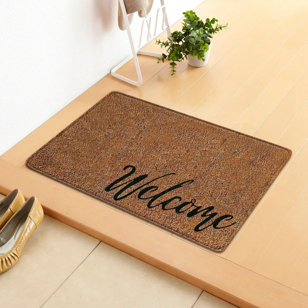 tapis d'entrée marron clair welcome motif moderne antidérapant polyester intérieur extérieur maison décoratif