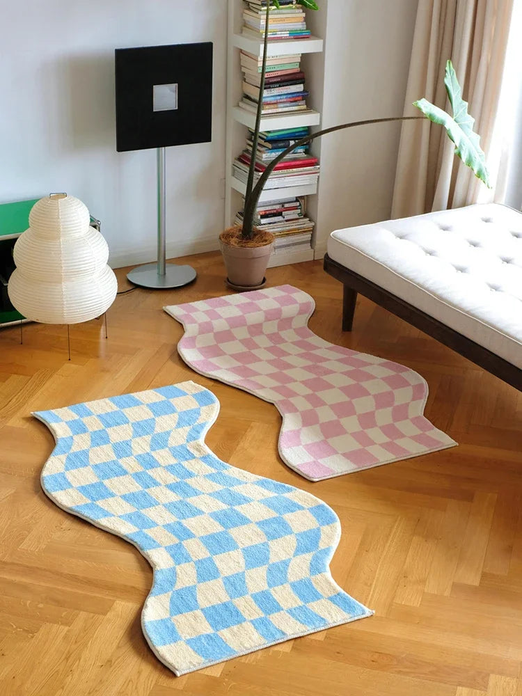 tapis ondulé checkerboard contemporain rose bleu duveteux antidérapant extérieur chambre