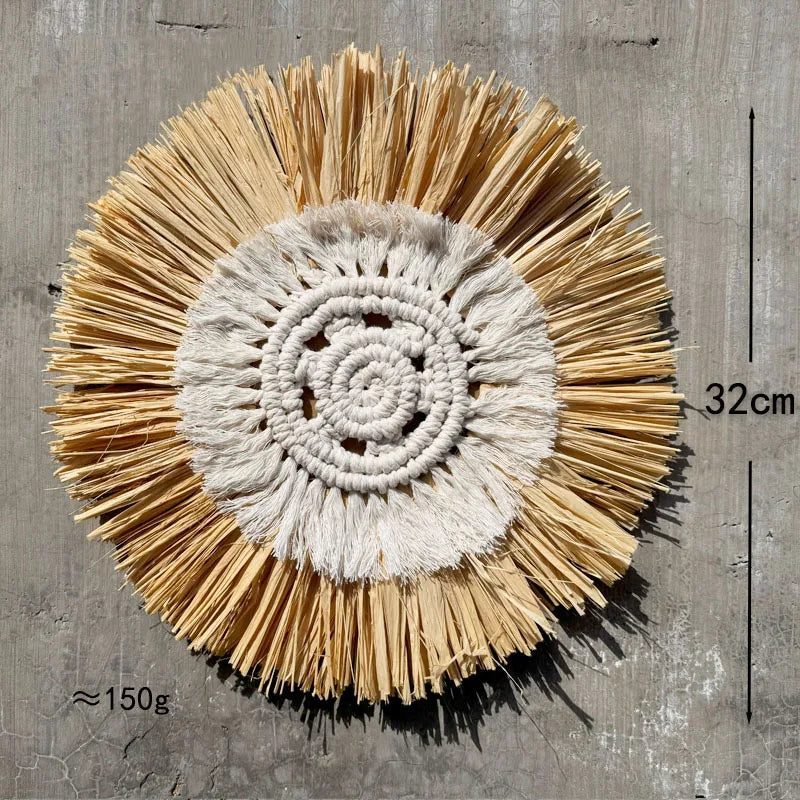 décoration murale bohème plaques raphia naturel spirale franges artisanal chambre moderne