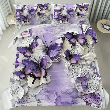 parure lit moderne romantique papillons violet blanc gris dentelle housse taies oreiller