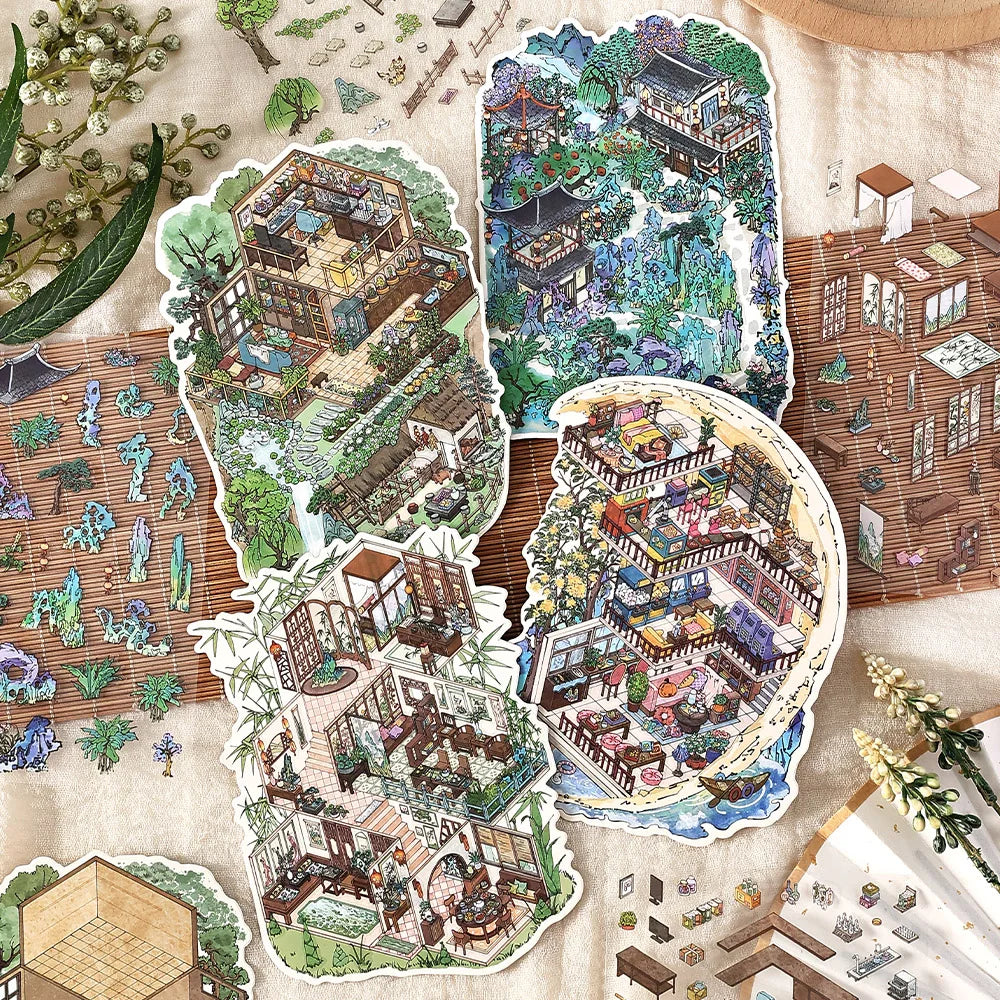 autocollants multicolores paysage urbain architecture traditionnelle plantes détaillés enfants anniversaire cadeau ensemble illustrations ancien