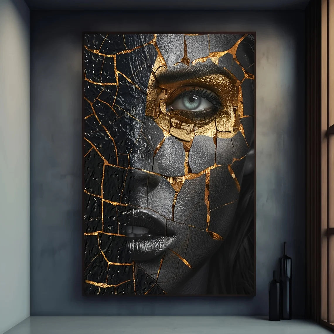 affiche murale art contemporain texture peau fissurée effet métallique noir doré sans cadre toile