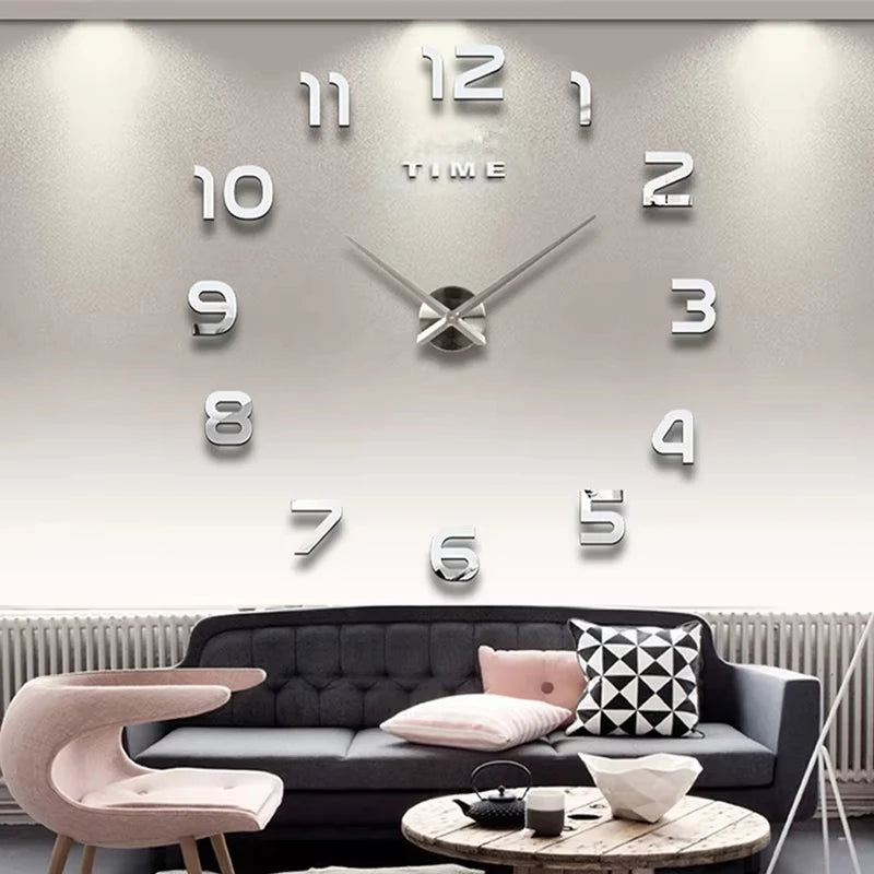 horloge murale moderne quartz aiguille adhésive noir doré salon grande taille