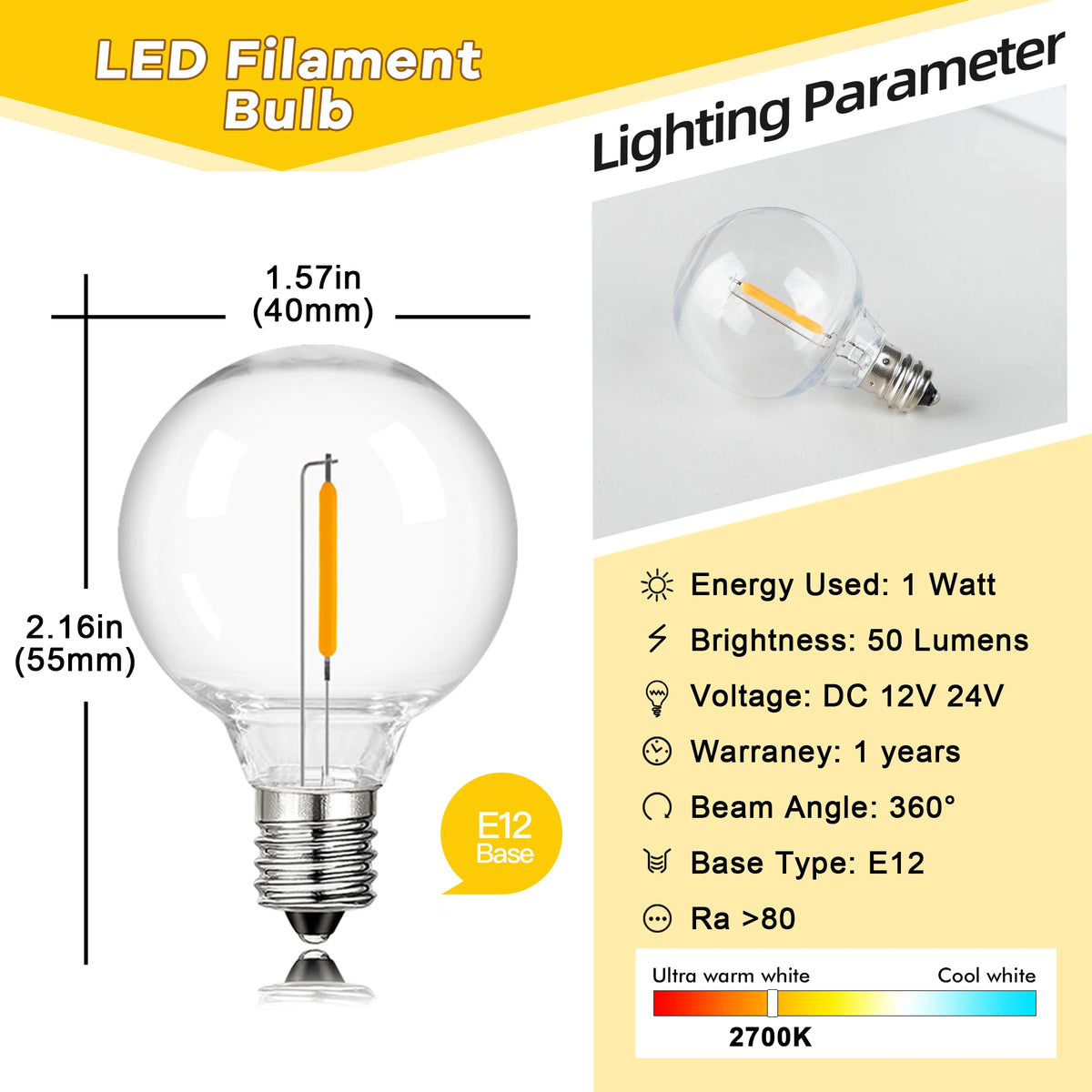ampoule led filament transparente jaune moderne 360° 2700K 12V 24V E12 20000h 60lm globe