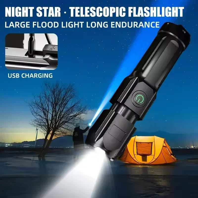 lampe torche led rechargeable usb zoom camping pêche extérieur étanche noire moderne