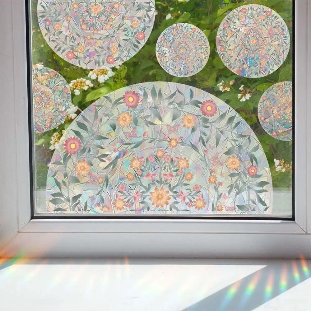 stickers fenetre decoratifs fleurs arc ciel multicolores adhésifs pvc naturel artistique