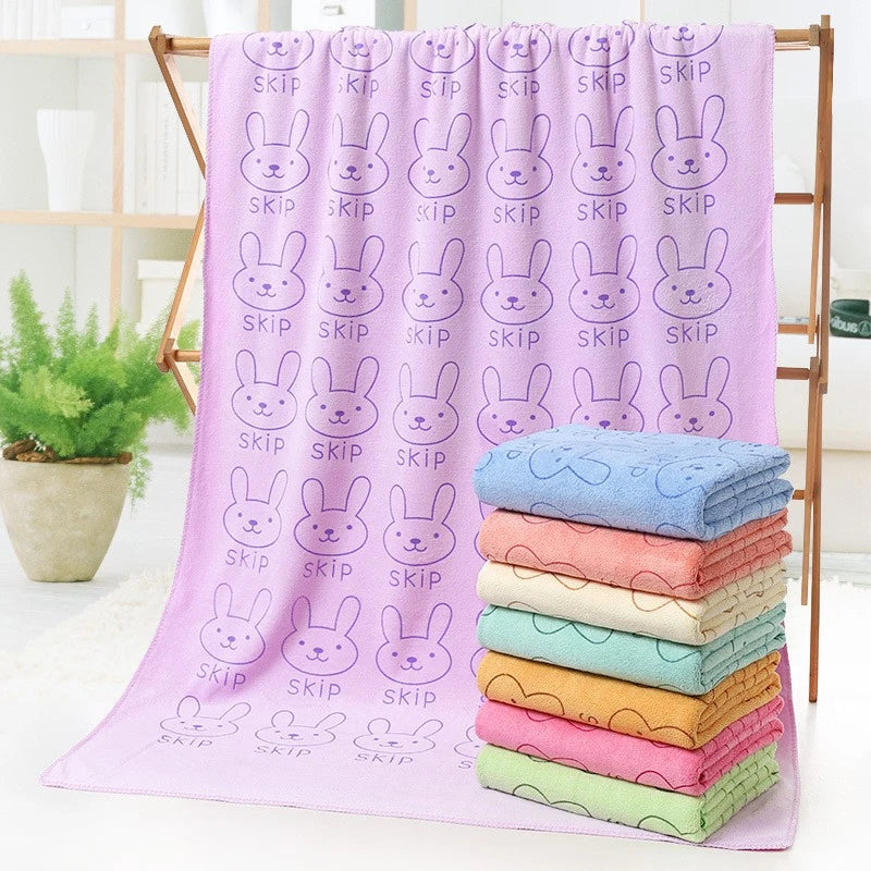 serviette bain polyester rapide motif lapins mignons couleurs violet rose vert bleu doux moderne