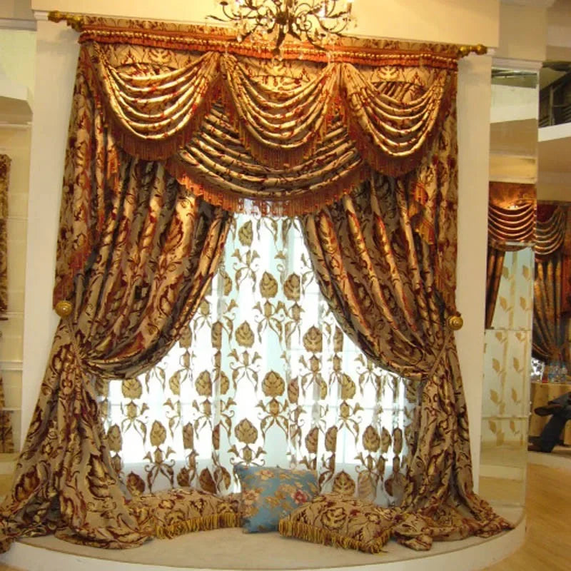 rideaux fleuris opaques voilage transparent baroque marron or chambre coucherhôtel
