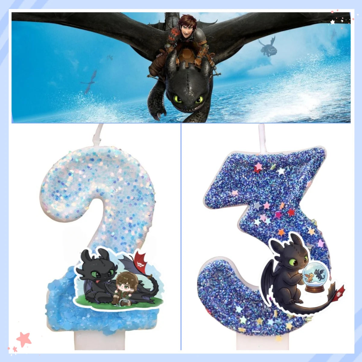 bougies chiffres dragon paillettes bleu clair nuit blanc décoration anniversaire gâteau événement thèmes
