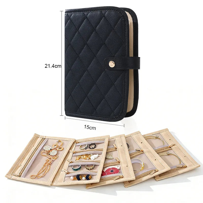 porte bijoux pliable cuir motifs géométriques noir blanc rose pâle moderne pratique boucle fermeture