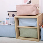 boîtes rangement lin bleu clair rose pâle vert pastel poignées corde respectueux environnement moderne