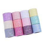 ruban décoratif pailleté bleu clair rose violet blanc jaune pastel 6cm largeur polyester