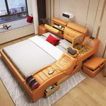 lit multifonctionnel simili cuir orange gris moderne tapis oreillers tablette rangement télécommande