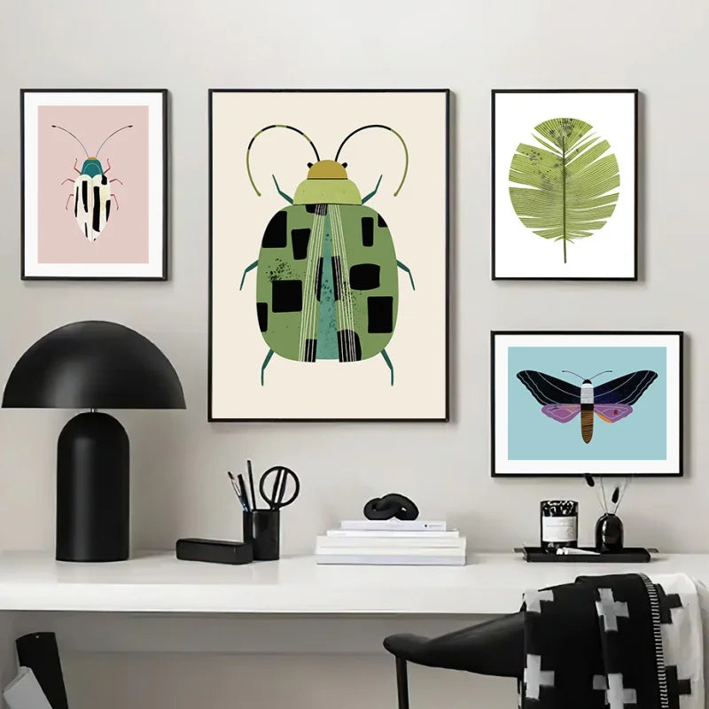 Affiche moderne insectes illustrations stylisées coton toile sans cadre chambre décoration rouge verte noire