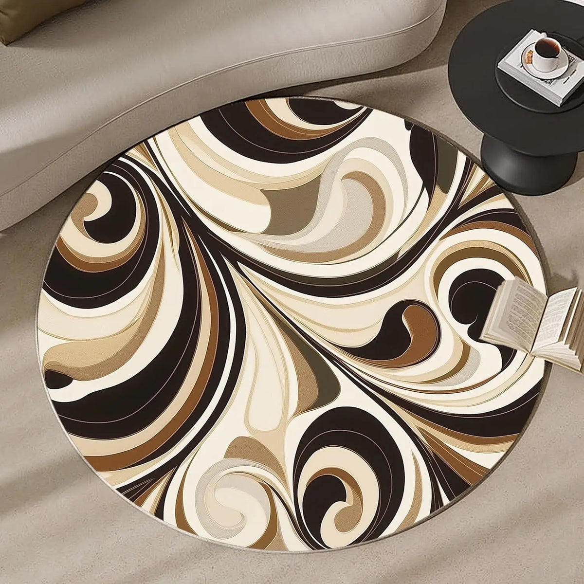tapis rond moderne spirales concentriques marron beige geometrique anti drapant 80cm 120cm chambre salon