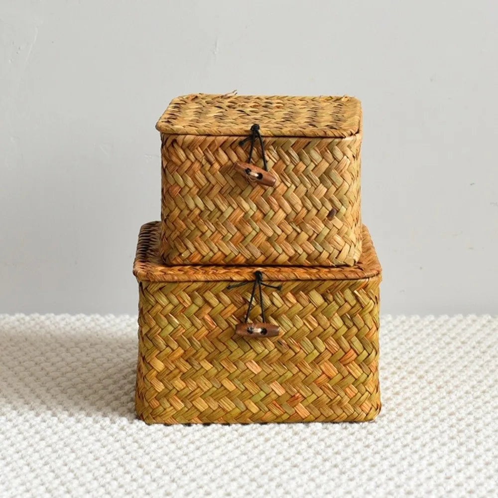 boîtes rangement marron clair tissage paille réutilisables respectueux environnement traditionnel cordon fermeture