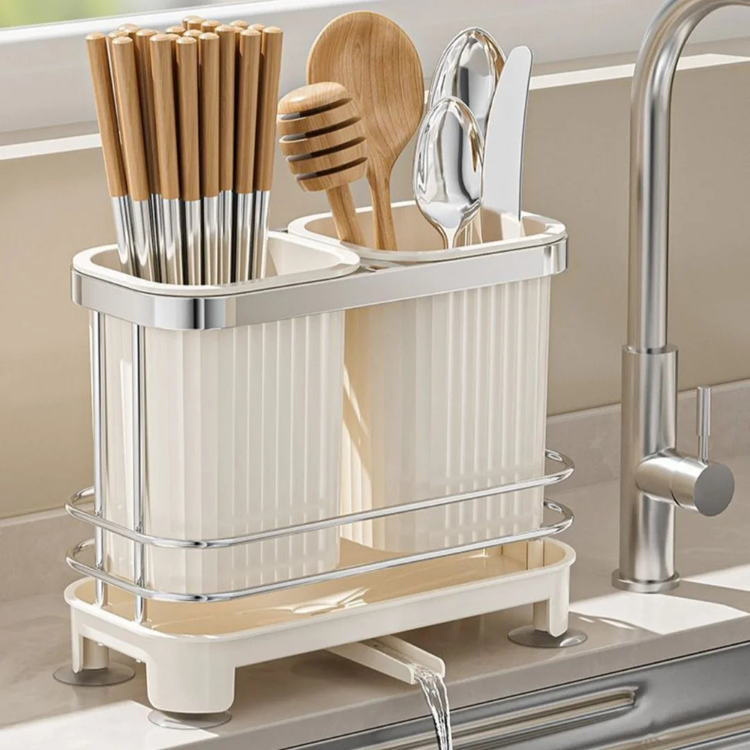 porte utensils acier inoxydable blanc gris moderne rayures verticales clips cuillères fourchettes couteaux miel