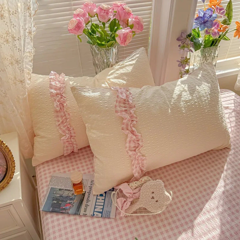 ensemble literie rose vichy doux franges romantique taies oreillers couvre lit