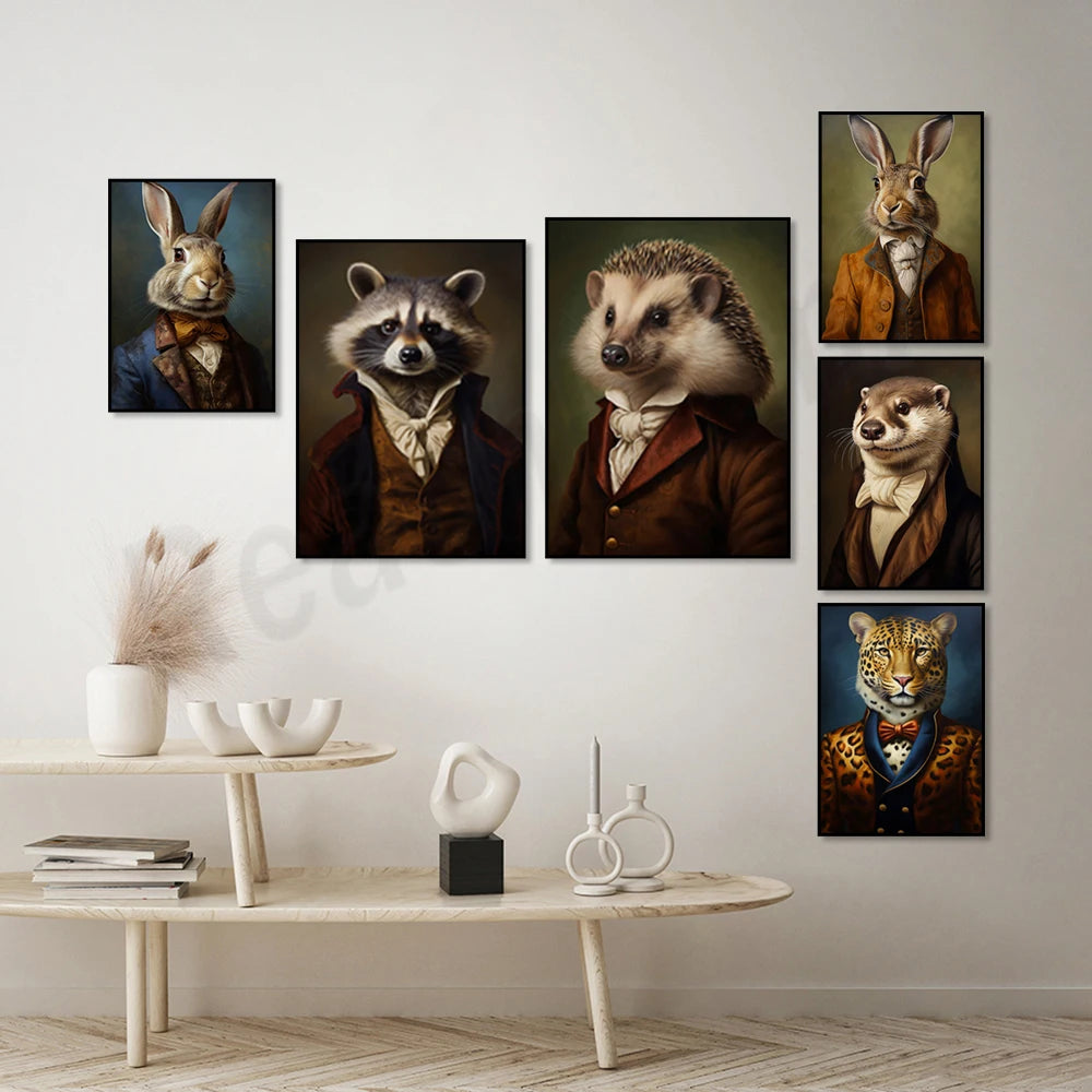 Une galerie de portraits d'animaux anthropomorphes vêtus d'habits de gentilshommes du 19e siècle, créant une atmosphère de raffinement et d'élégance.
