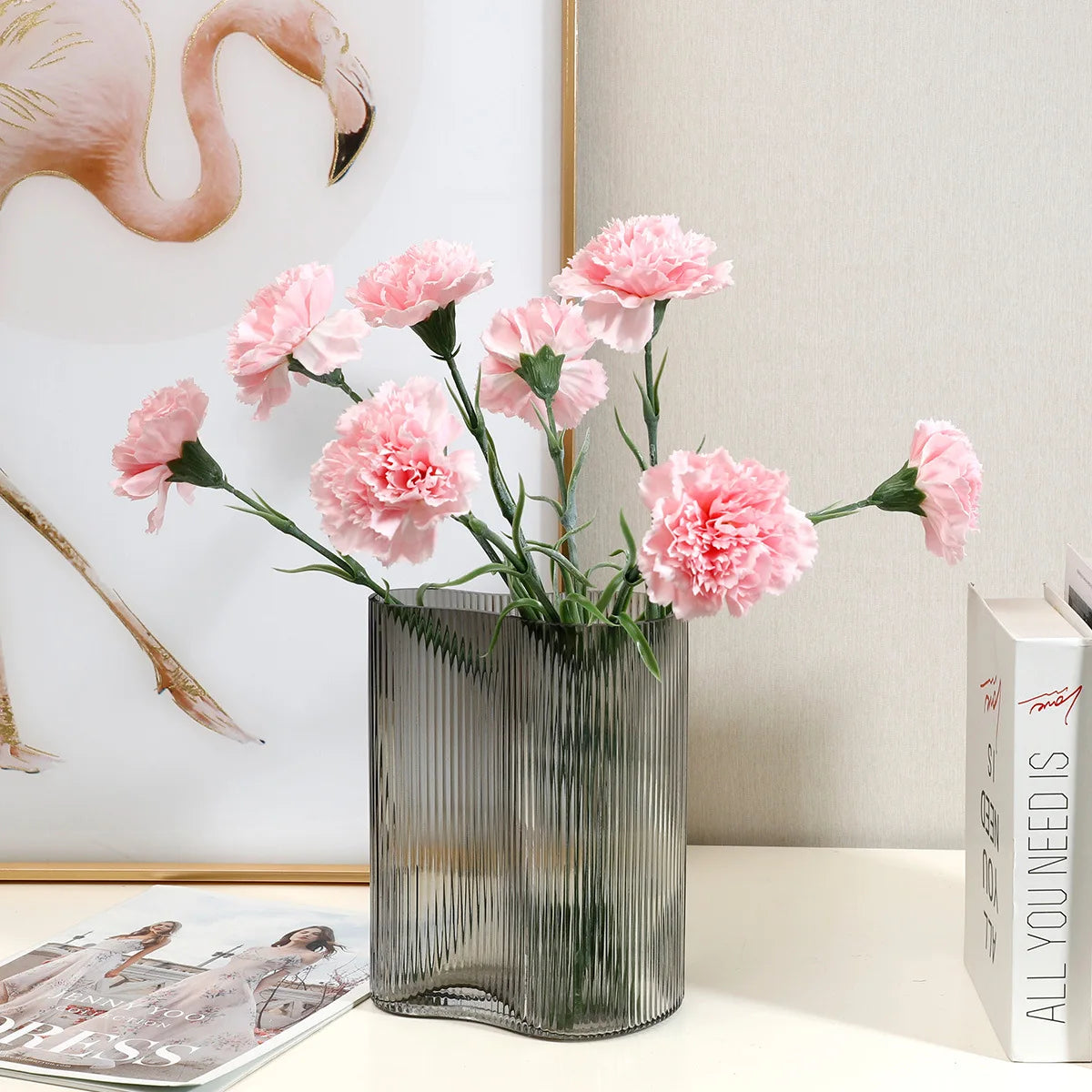 bouquet fleurs artificielles moderne rose blanc vase transparentintérieur décoration mariage anniversaire