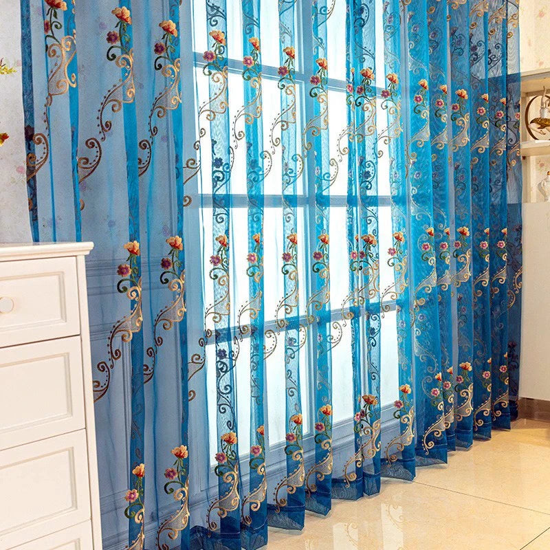 rideau floral brodé transparent bleu doré rose élégant salon chambre bureauhôtel