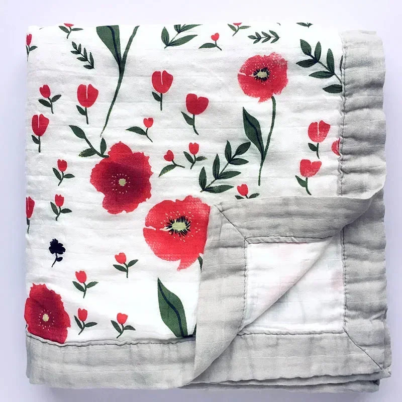 couverture bébé deux couches coton bambou motif floral moderne opacité verte blanc roseclair