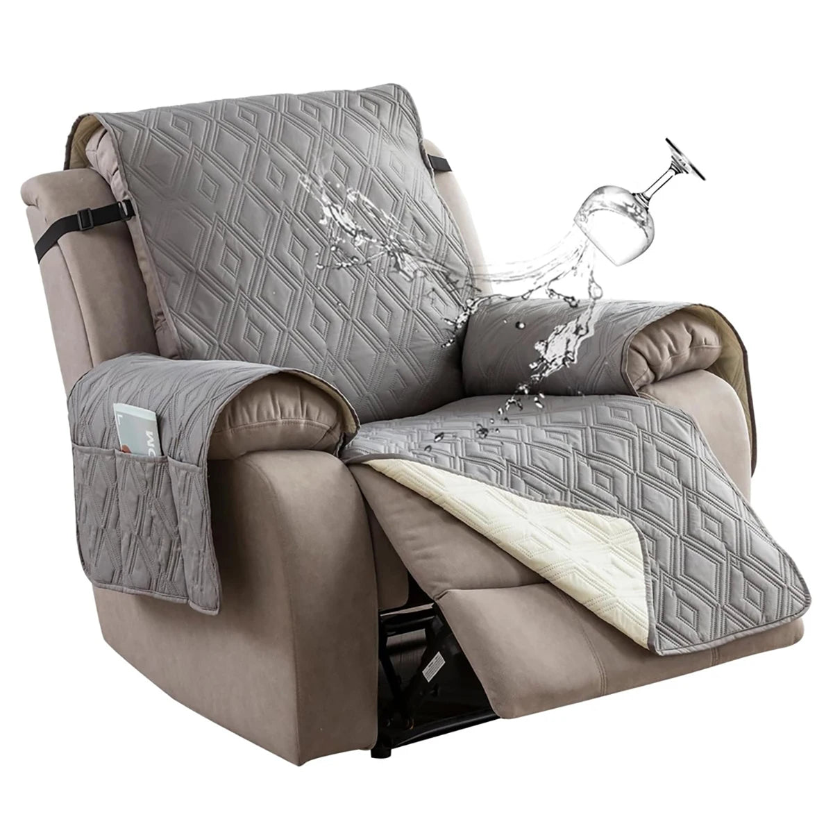 housse fauteuil inclinable motif géométrique gris beige moderne quilté poche rangement ceinture fixations