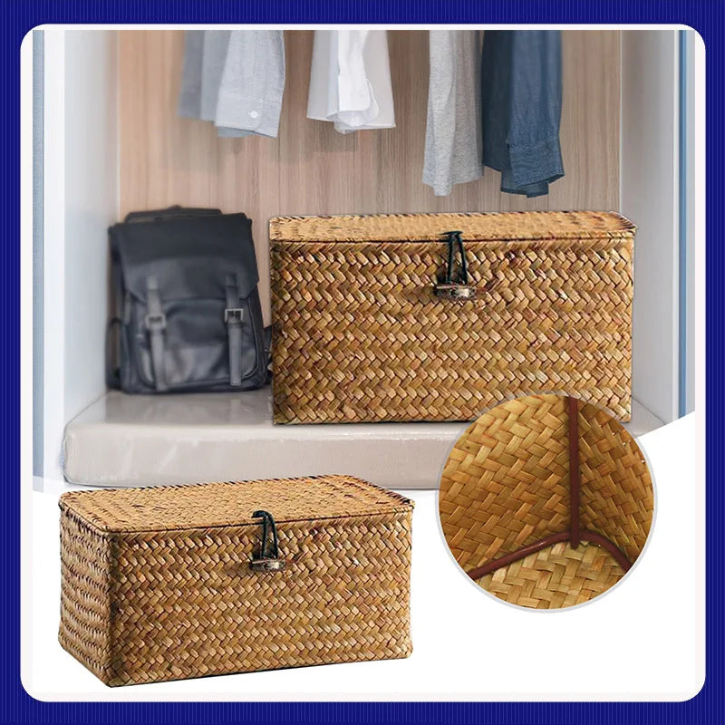 panier rangement bois tressé couvercle vêtements bohème rustique décor maison