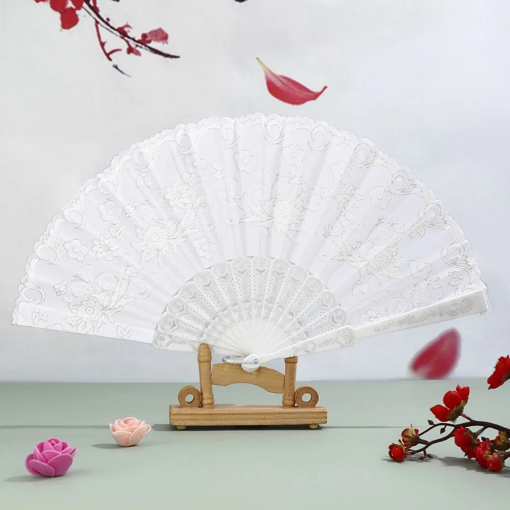 éventail traditionnel rouge noir fleurs blanches clips pompon danse mariage pliant décoratif